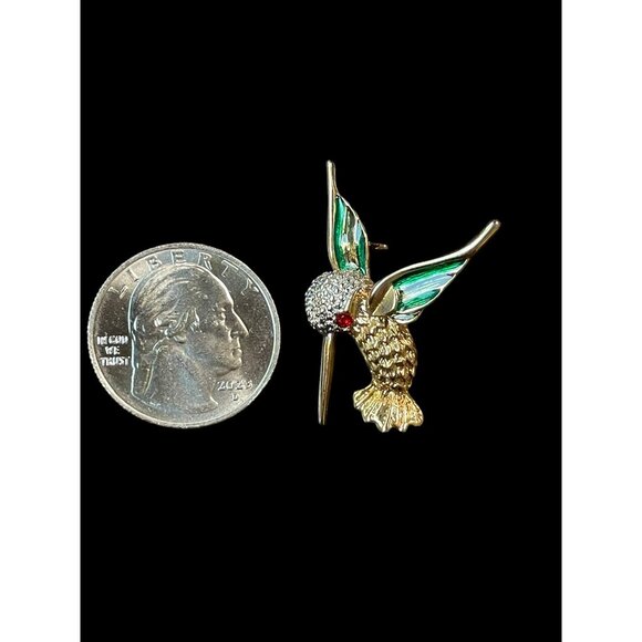 Vintage Gold and Silver Tone Red Gemstone Green Enamel Hummingbird Brooch Pin - Picture 5 of 5
